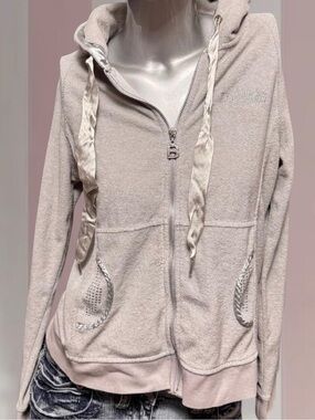 BCBG Grey Terry-Towel Rhinestone Logo Ribbon Detail Vintage Y2K Hoodie